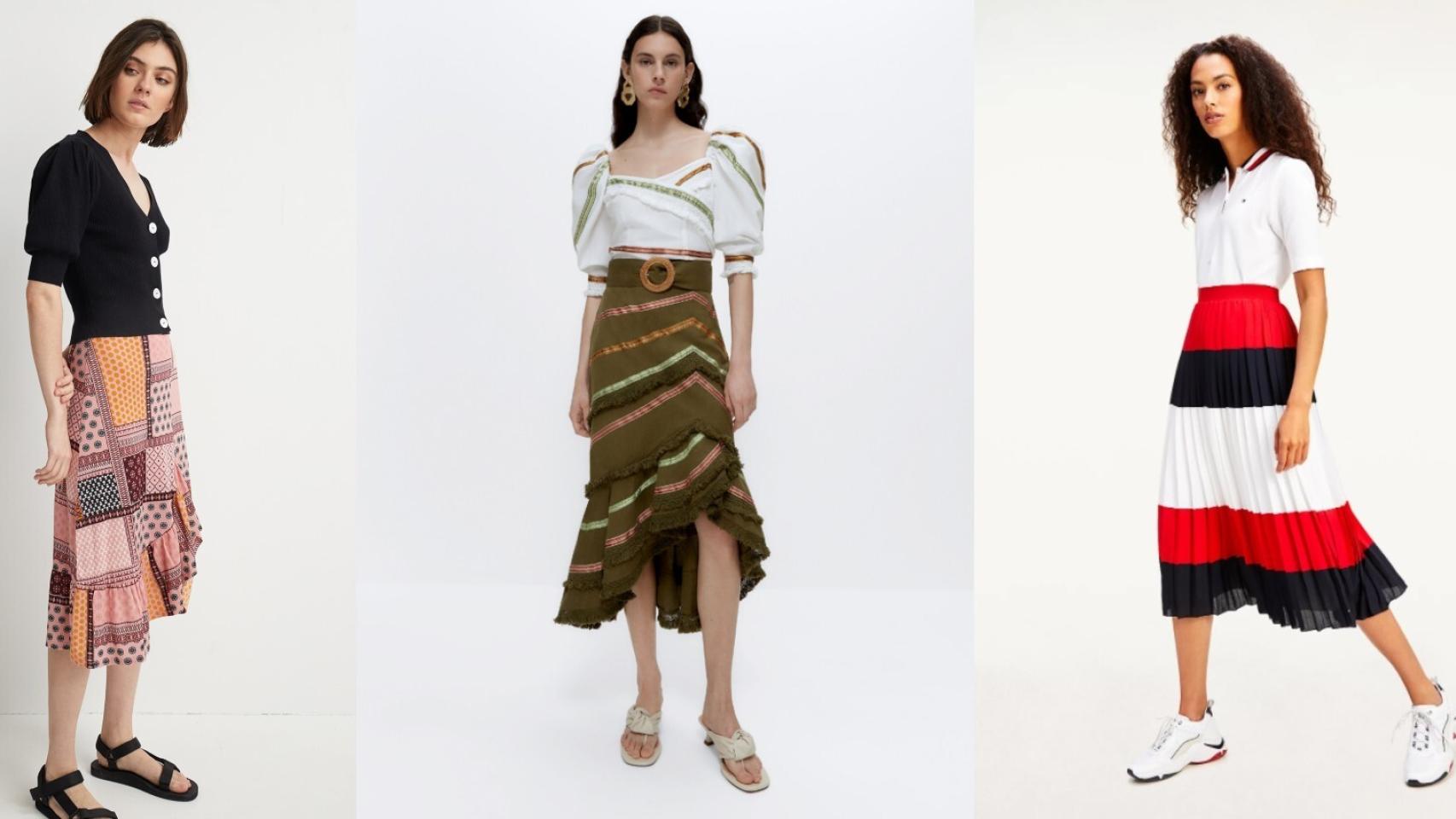 Varias faldas midi de esta temporada en un montaje de JALEOS.