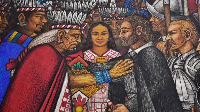 Mural que representa la unión entre tlaxcalteca y españoles.