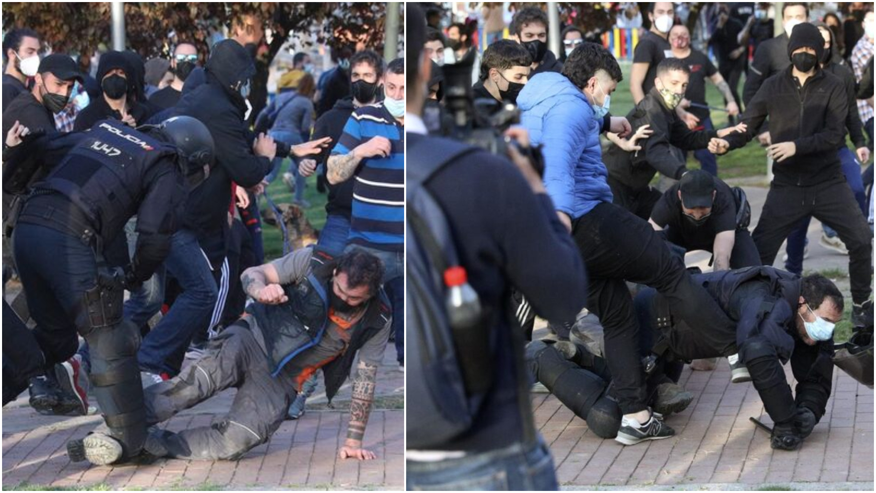 La secuencia en la que los radicales tumban y patean a un agente de la policía.