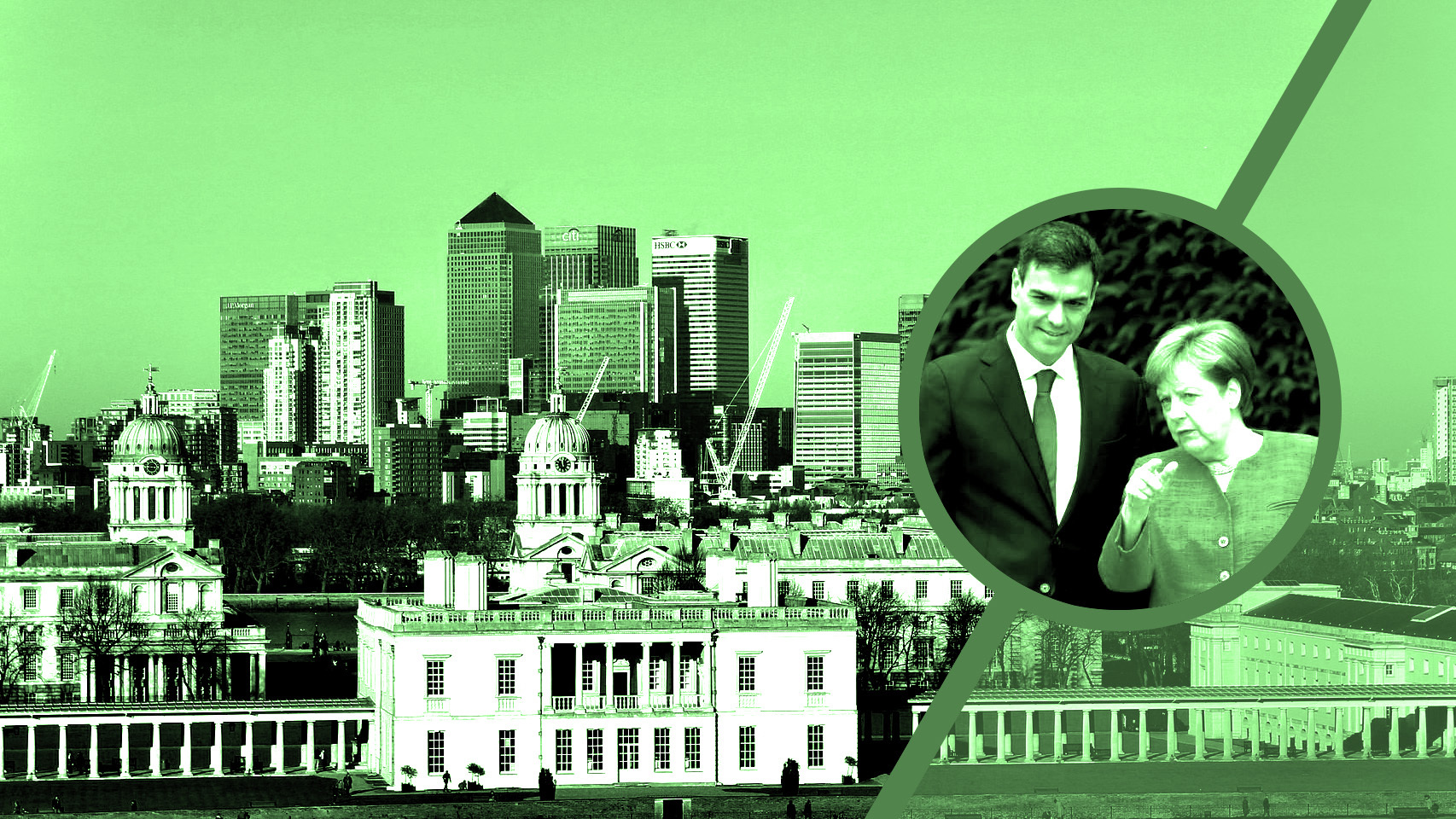Pedro Sánchez y Ángela Merkel, con una imagen del Canary Wharf (Londres) de fondo.