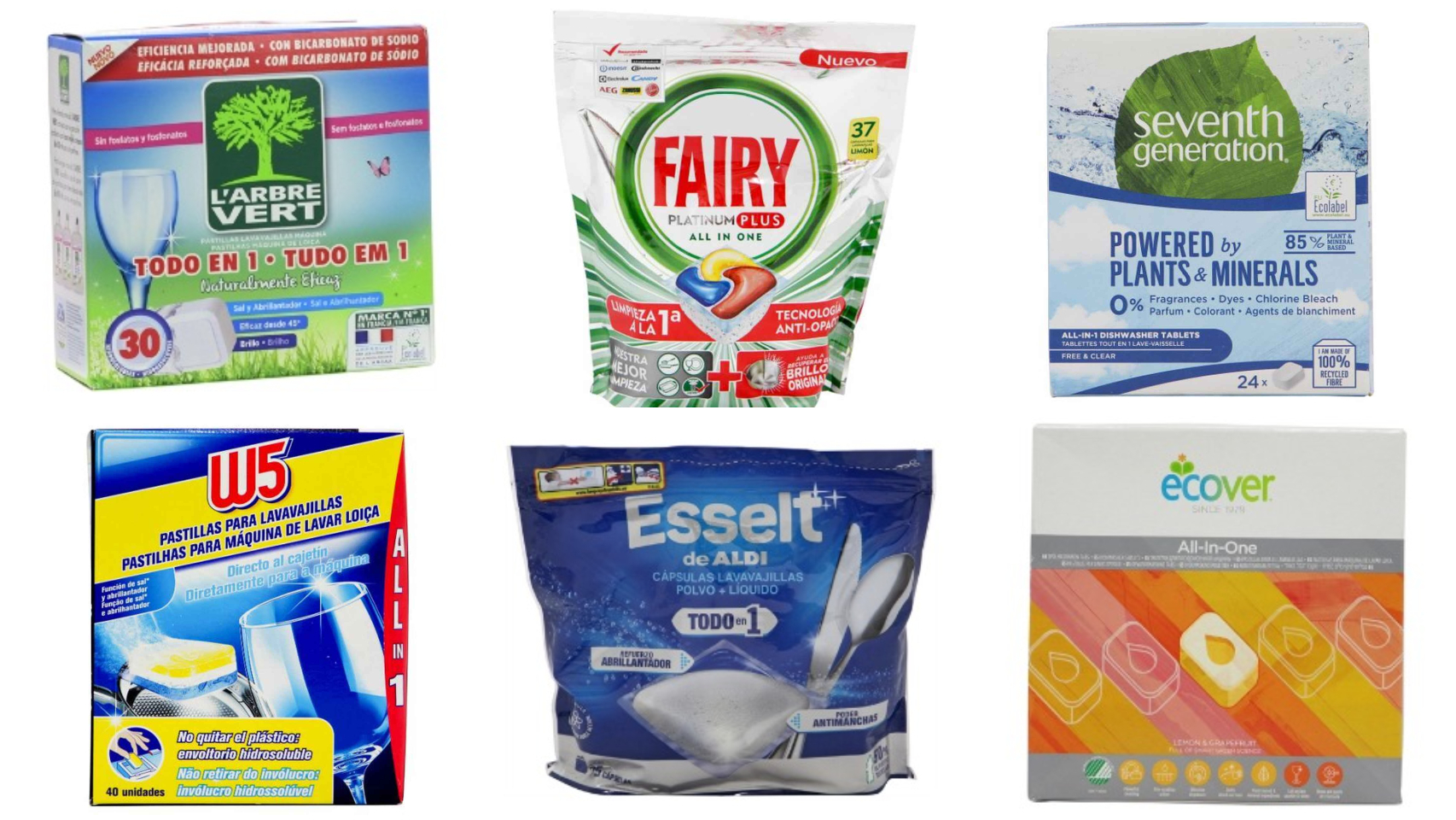 Seis de los 12 mejores detergentes en pastilla para lavavajillas, según la OCU.