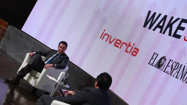 El presidente de la Junta de Andalucía, Juanma Moreno, durante su intervención en el simposio 'Wake up, Spain!'