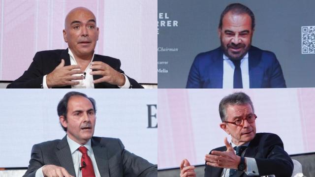 De izquierda a derecha y de arriba a abajo: Kike Sarasola, presidente de Room Mate Hotels; Gabriel Escarrer, vicepresidente ejecutivo y consejero delegado de Meliá Hotels International y Javier Sánchez Prieto, presidente de Iberia y Antonio Catalán, presidente de AC Hotels by Marriott.