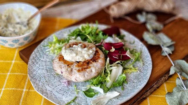 Hamburguesa de pescado y langostinos