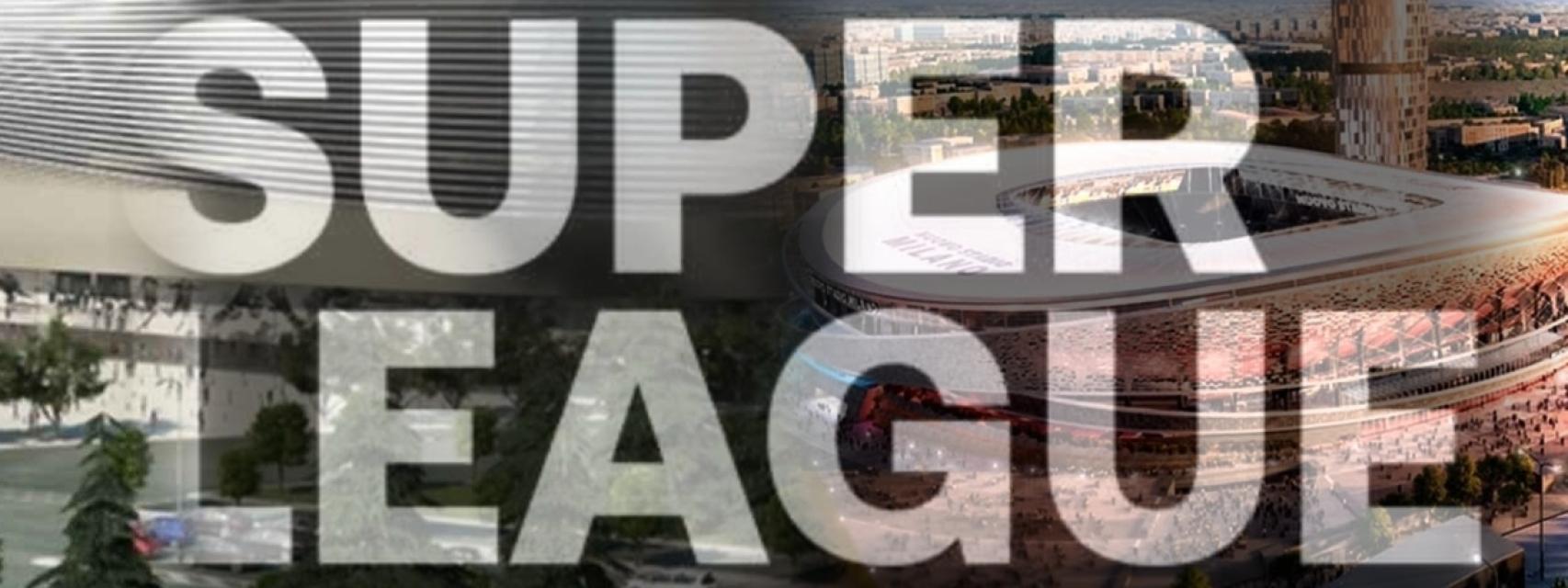 El nuevo Santiago Bernabéu o el nuevo San Siro en un fotomontaje con el logo de la Superliga Europea
