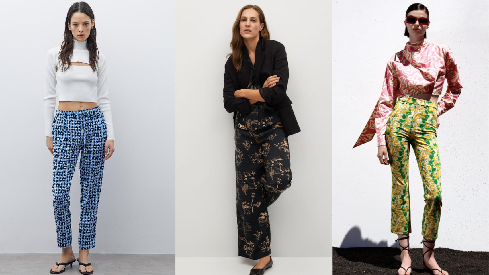 Tres pantalones estampados, tendencia esta temporada, en un montaje de JALEOS.