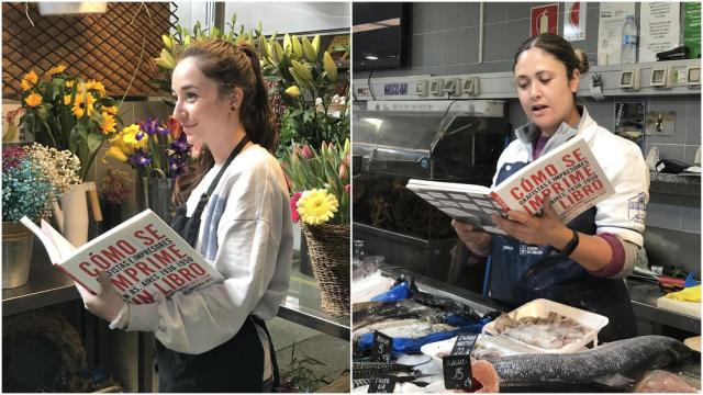 Dos placeras de la plaza de Lugo leen fragmentos de dos libros.