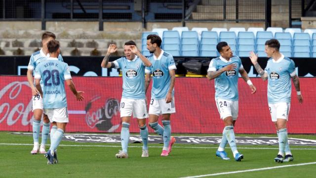 El Celta celebra el gol de Aspas ante el Osasuna