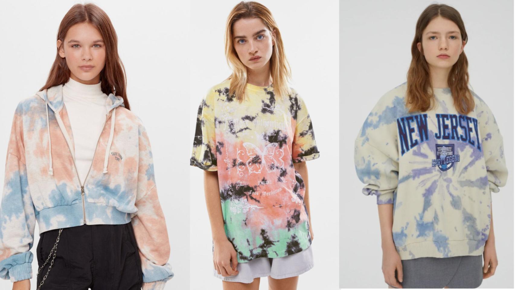 Tres prendas de estampado 'tie dye' en un montaje de JALEOS.