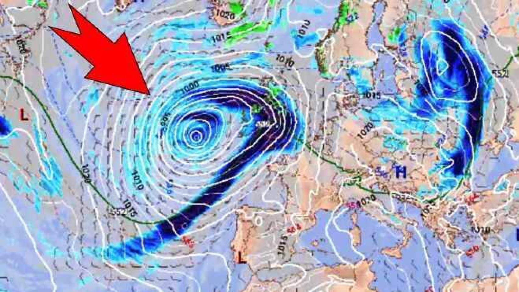 La profunda borrasca atlántica que aparecerá tras un proceso de ciclogénesis explosiva. METEORED
