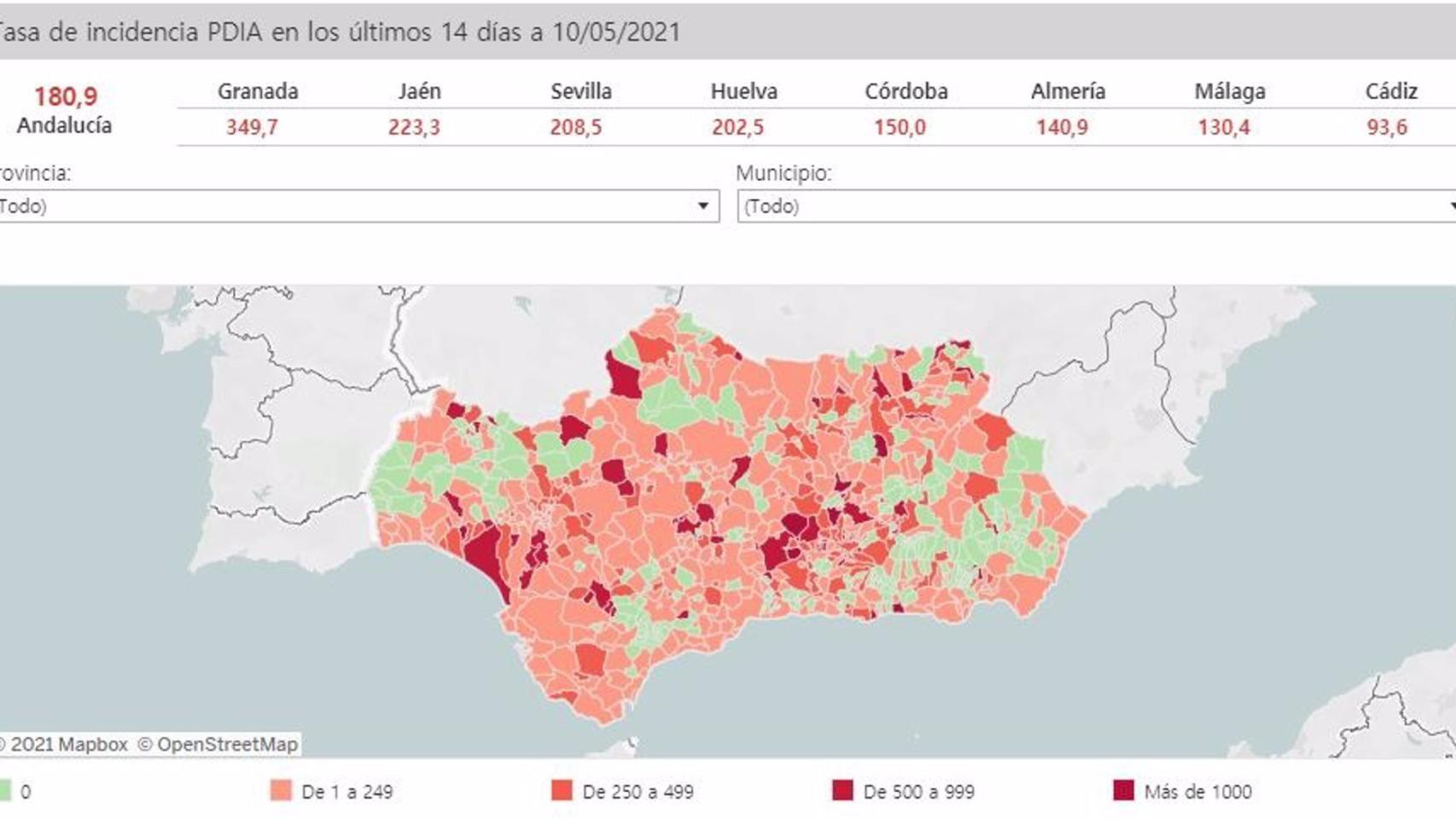 Mapa Covid de la comunidad andaluza.
