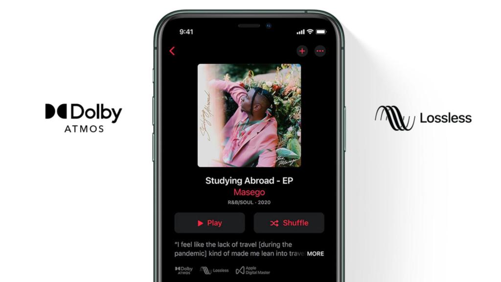 Apple Music y los logos de Atmos y Lossless.