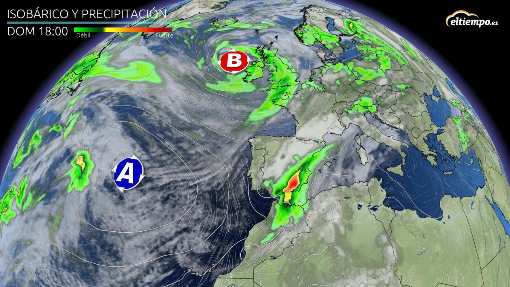 Las áreas afectadas por las precipitaciones para el domingo. Eltiempo.es