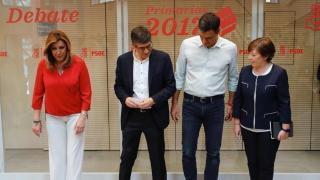 Susana Díaz, Pedro Sánchez y Patxi López en el debate de las primarias nacionales.