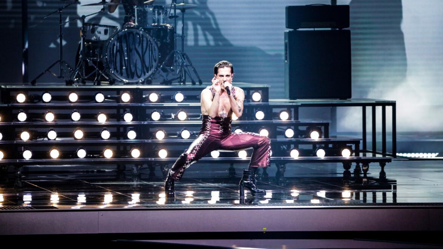 Damiano David, vocalista de Måneskin, en la final de Eurovisión 2021.