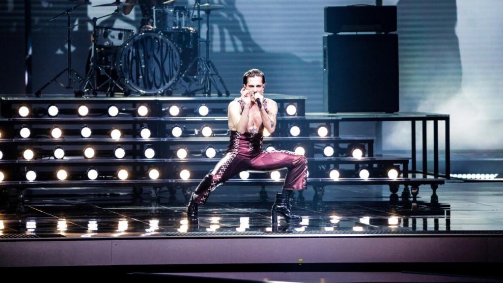 Damiano David, vocalista de Måneskin, en la final de Eurovisión 2021.