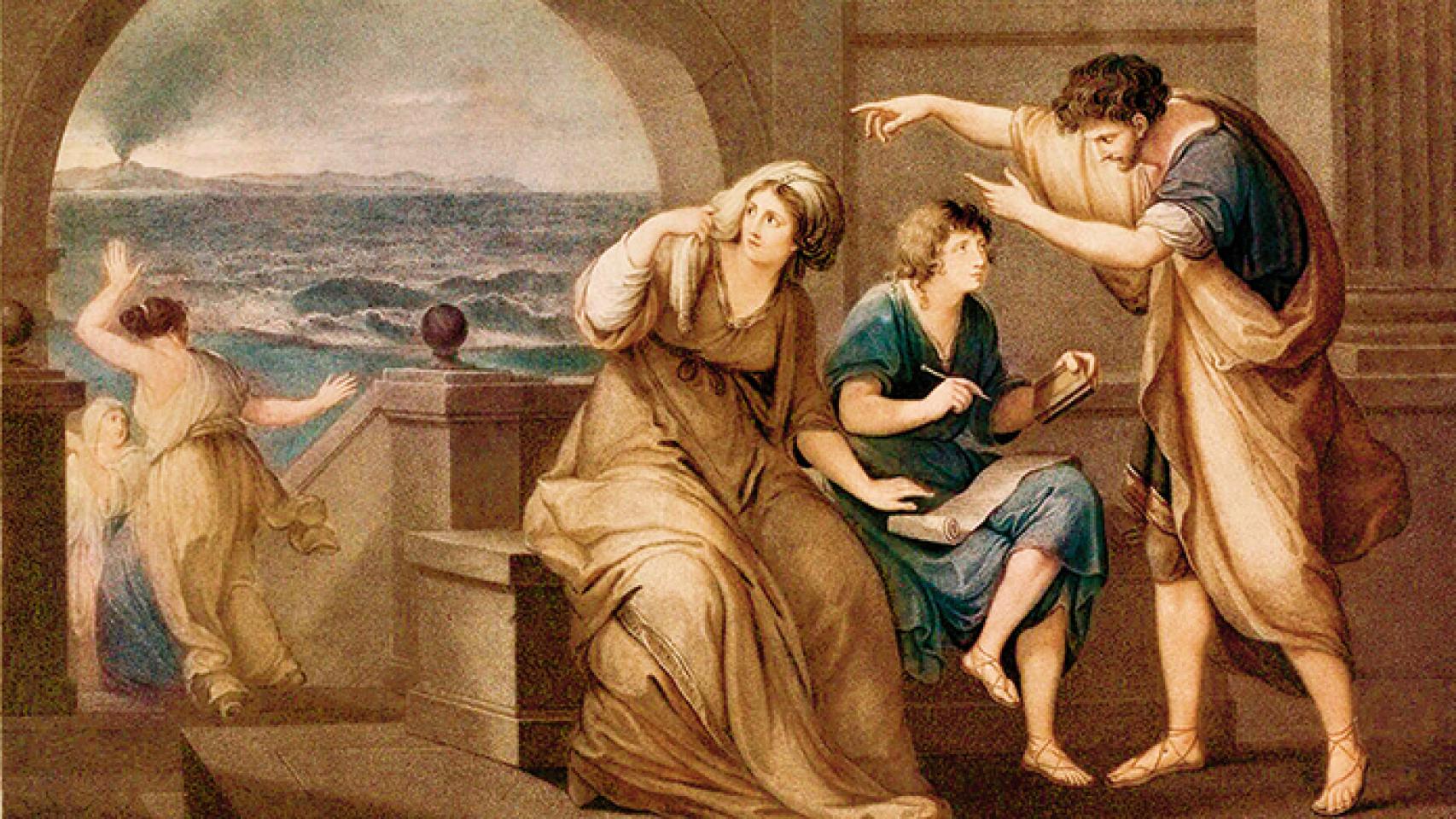 Detalle de 'Plinio el Joven y su madre en Miseno', grabado coloreado por Thomas Burke según la pintura de 1785 de Angelica Kauffmann