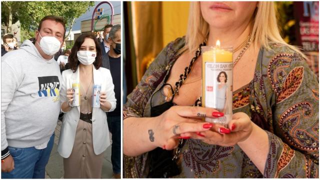 A la izquierda, Nacho Pedrera junto a Isabel Díaz Ayuso y, a la derecha, la tarotista y socia del empresario sostiene el velón de 'San Ayuso'.