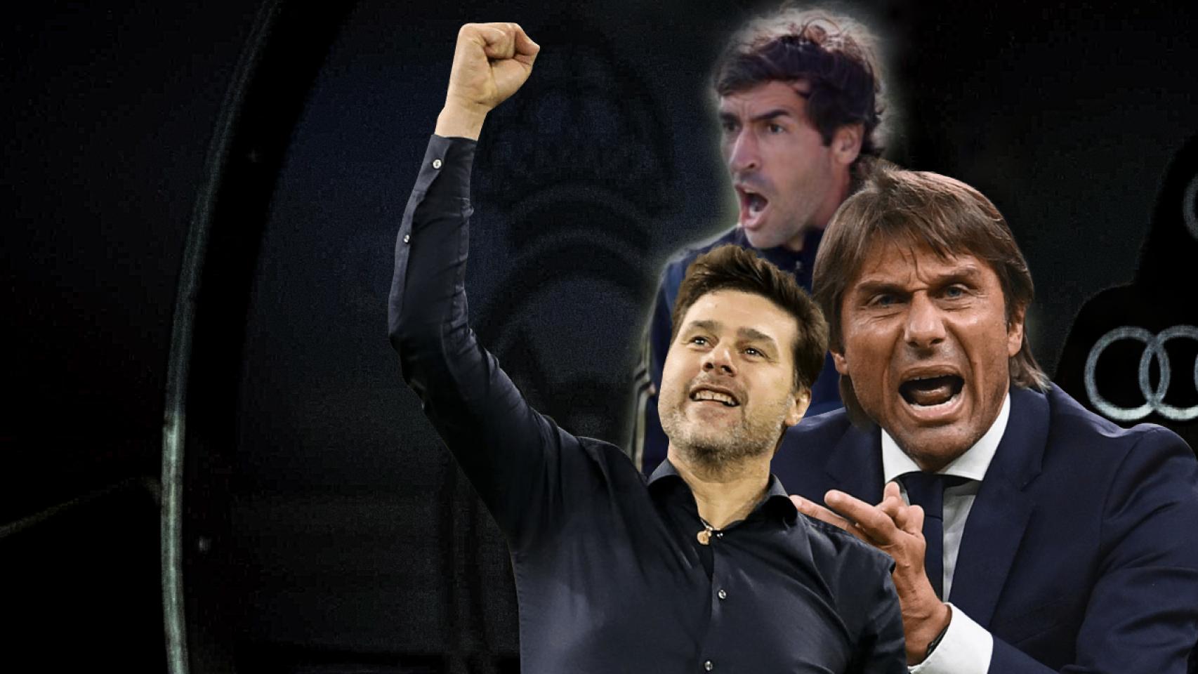 Mauricio Pochettino, Antonio Conte y Raúl González, en un fotomontaje en el banquillo del Real Madrid