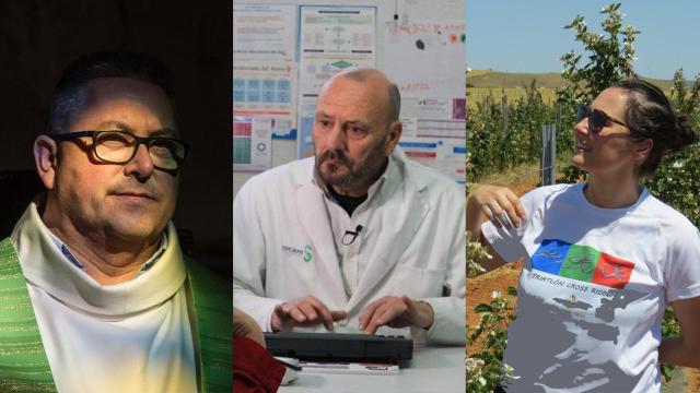 Nacho (cura), Antonio (médico) y Nuria (agricultora).