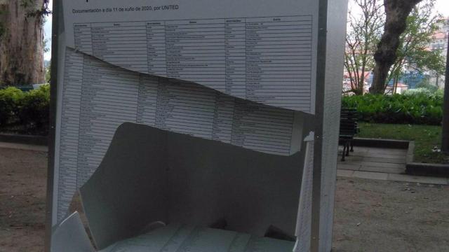 Daños en la exposición dedicada a las personas migrantes en la Alameda de Santiago de Compostela.