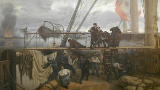 Pintura de Antonio Muñoz Degrain que refleja el momento en que Méndez Núñez cae herido.