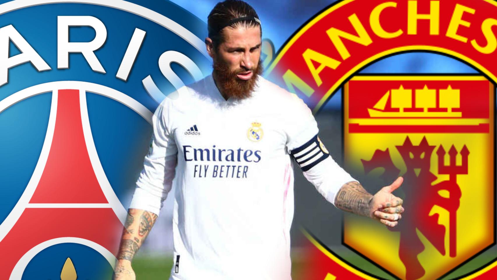 Sergio Ramos y los escudos del PSG y del Manchester United, en un fotomontaje