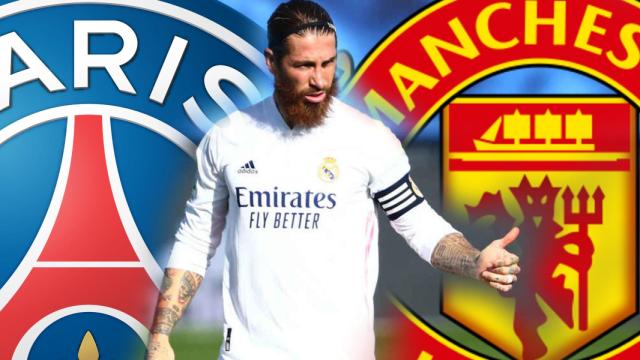 Sergio Ramos y los escudos del PSG y del Manchester United, en un fotomontaje