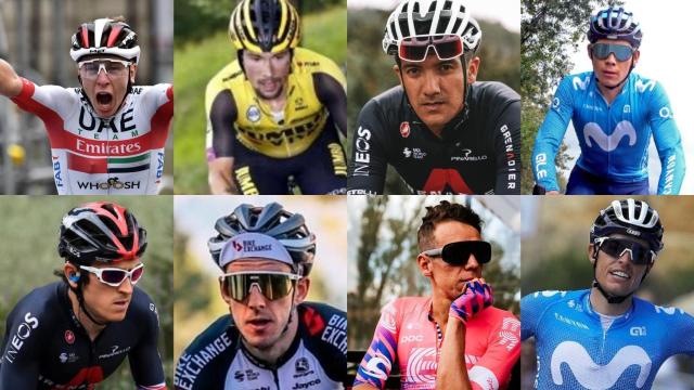 Tadej Pogacar, Primoz Roglic, Richard Carapaz, Miguel Ángel López, Gerain Thomas, Simon Yates, Rigoberto Urán y Enric Mas, en un fotomontaje