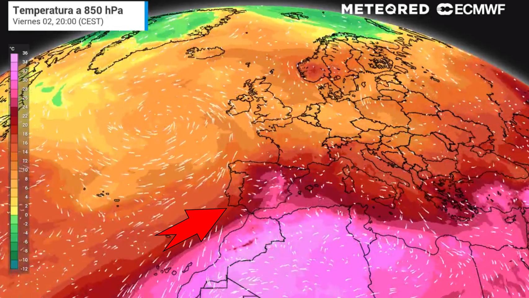 La masa de aire cálido ascendiendo desde África. Meteored.