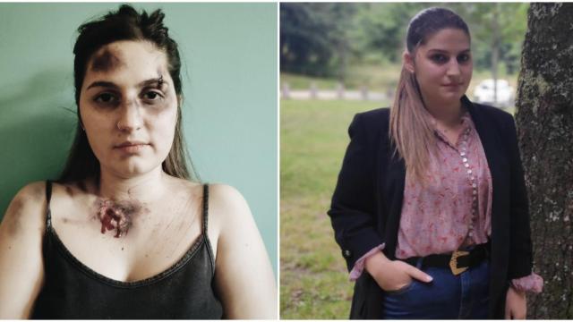 A la izquierda, Noelia maquillada para reclamar más protección. A la derecha, una foto actual de ella.