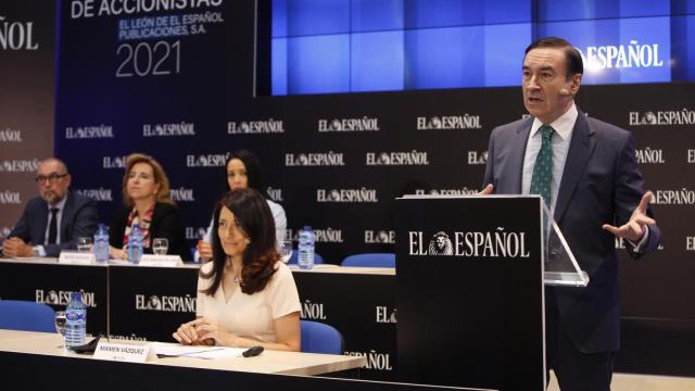 Pero J. Ramírez durante su discurso en la Junta de Accionistas de EL ESPAÑOL.