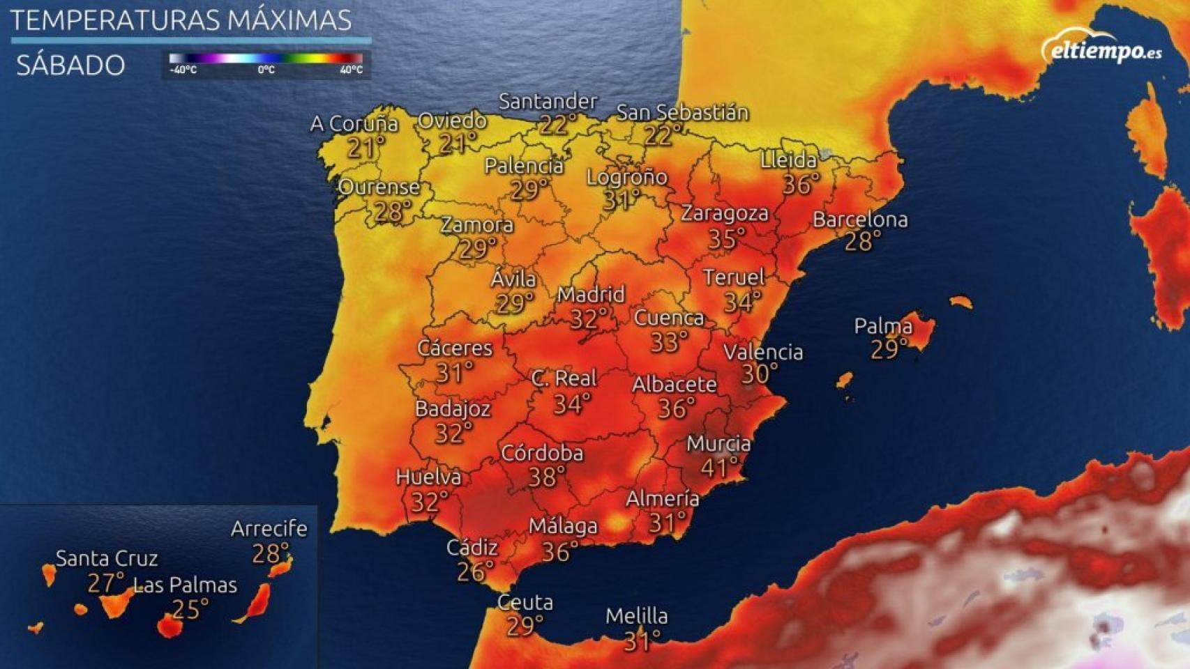 Máximas previstas para el primer sábado de julio. Eltiempo.es.