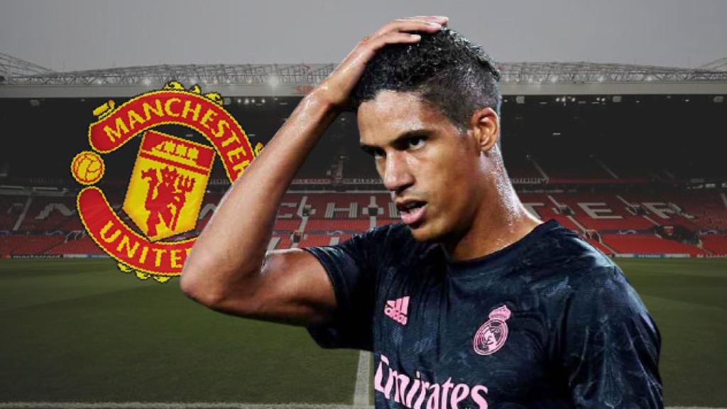 Varane, en un fotomontaje en Old Trafford con el escudo del United
