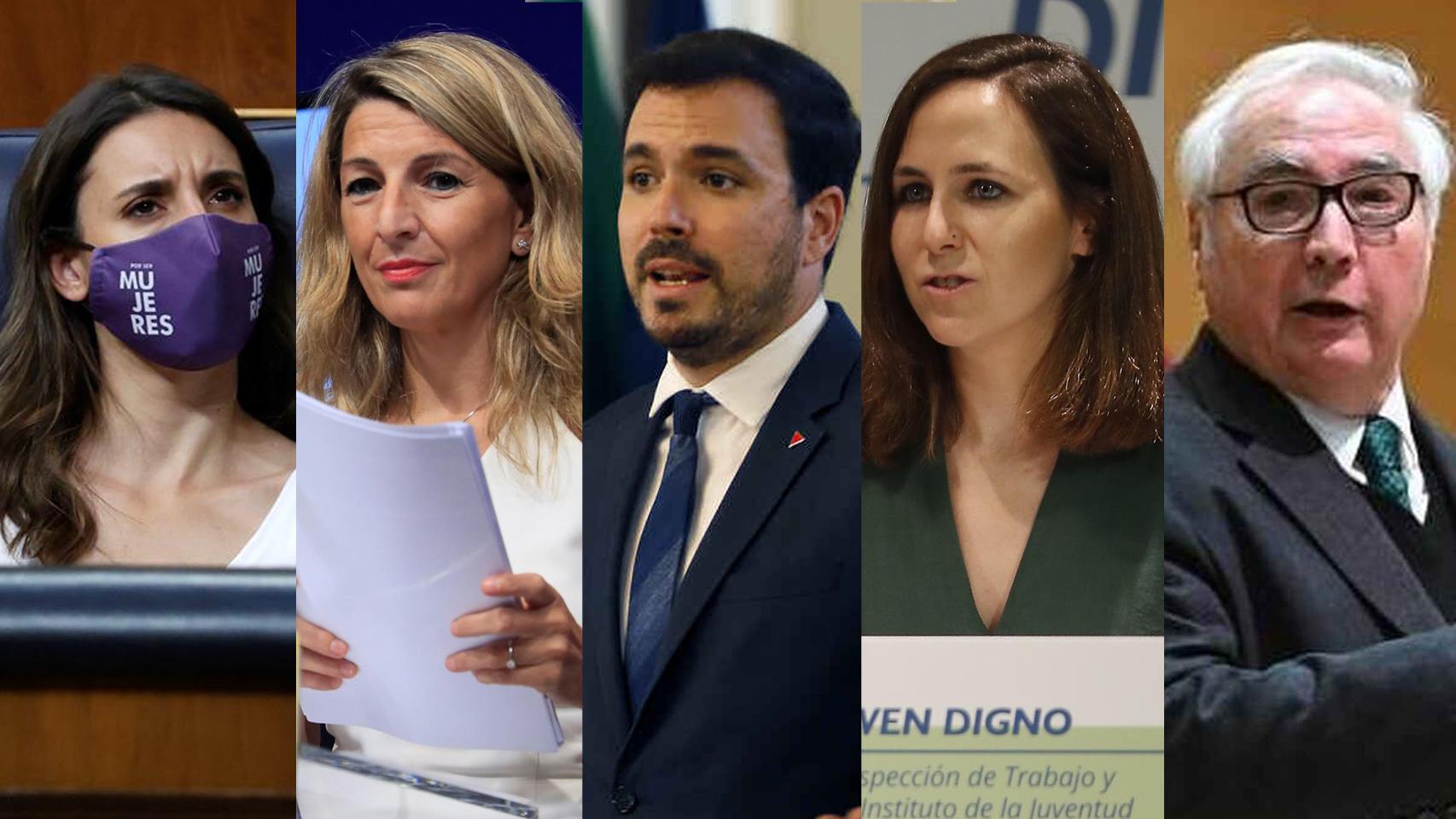 Irene Montero (igualdad), Yolanda Díaz (Trabajo), Alberto Garzón (Consumo), Ione Belarra (Derechos Sociales) y Manuel Castells (Universidades).