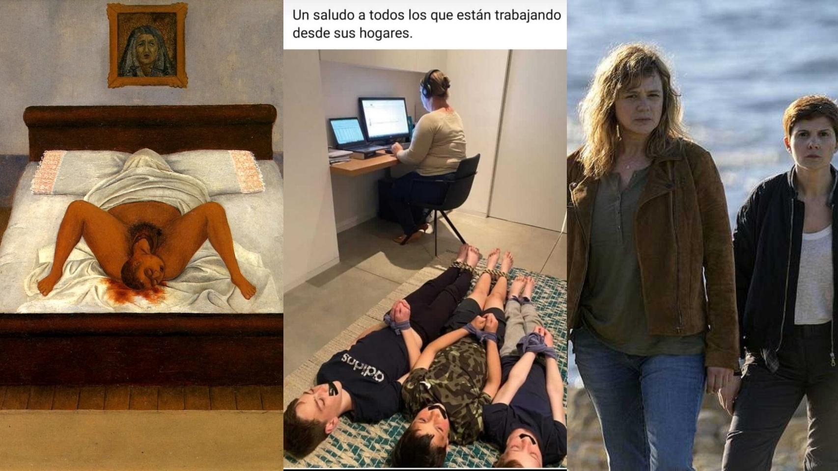 Representaciones de la maternidad analizadas en 'Maternidades': 'Mi nacimiento', de Frida Kahlo; un meme sobre el teletrabajo; una escena del thriller 'Néboa'.