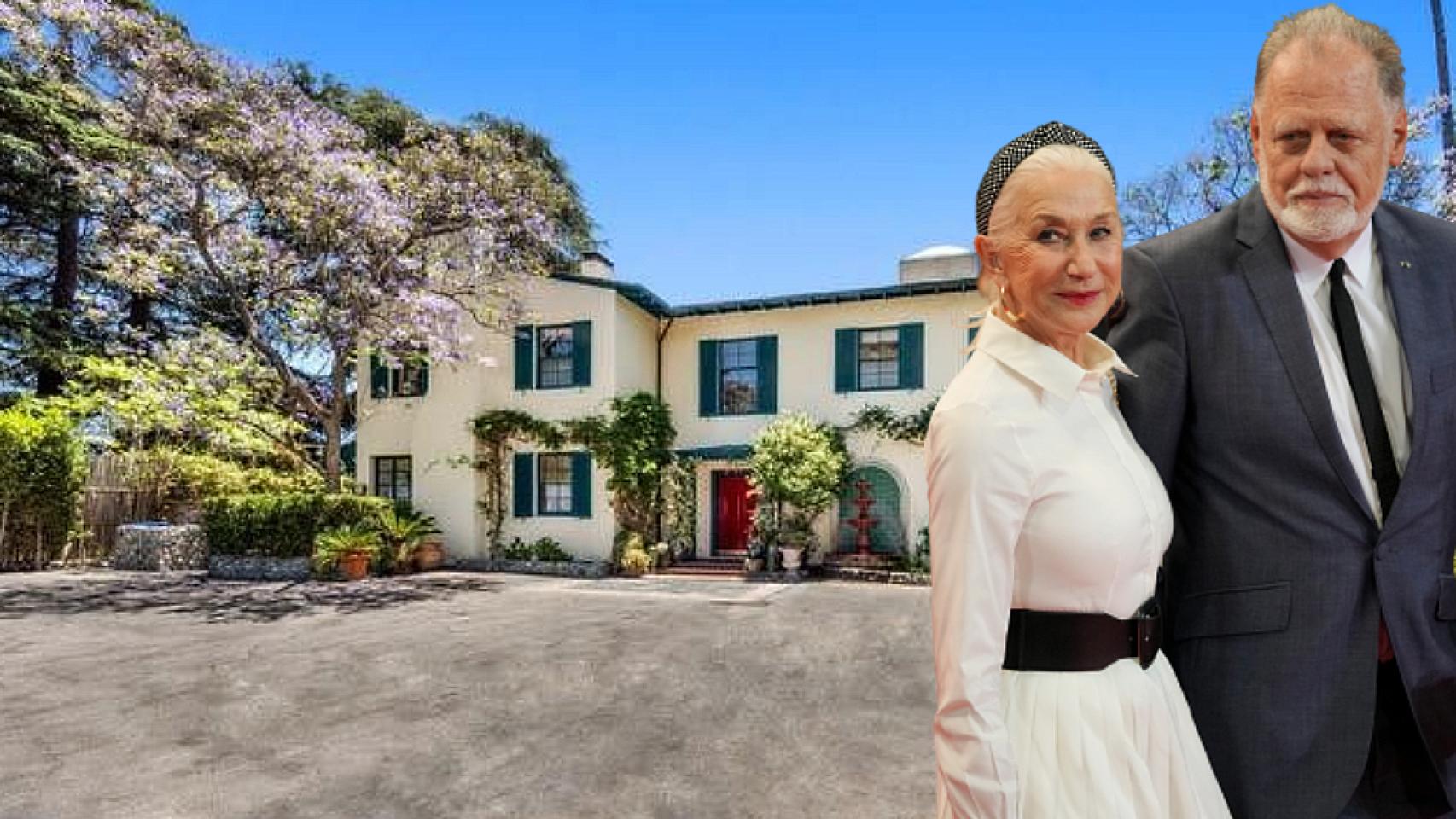 Hellen Mirren y su marido junto a imágenes de la casa que quieren vender.