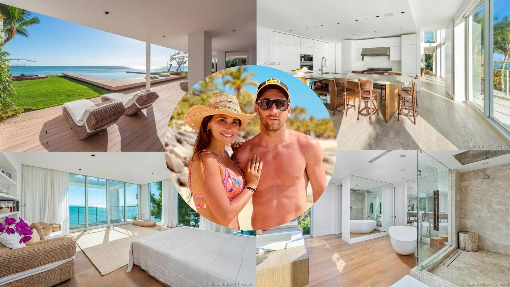 Algunas de las estancias de la mansión de Miami y una imagen de Antonela Rocuzzo y Leo Messi, en un montaje de JALEOS.