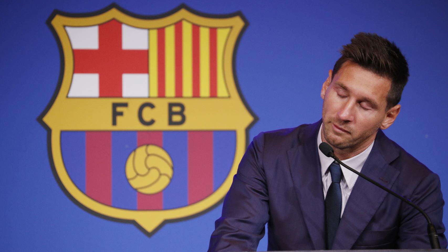 Leo Messi, emocionado en la rueda de prensa de su despedida del Barça
