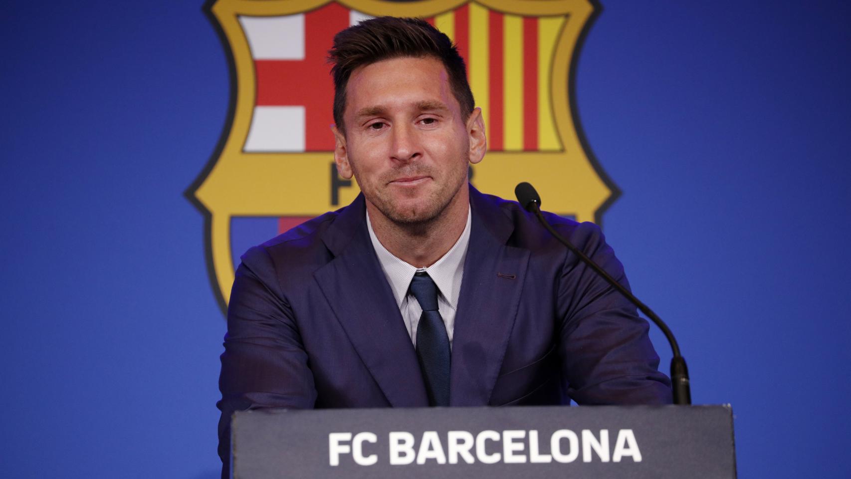 Leo Messi, emocionado en la rueda de prensa de su despedida del Barça