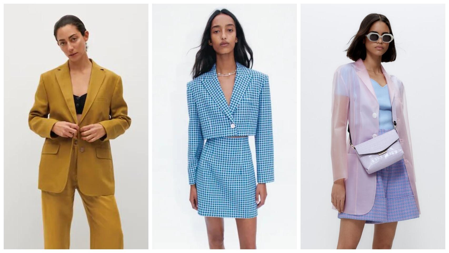 Tres propuestas de 'blazer' actualmente disponibles, de izquierda a derecha, en Mango, Zara y Uterqüe.