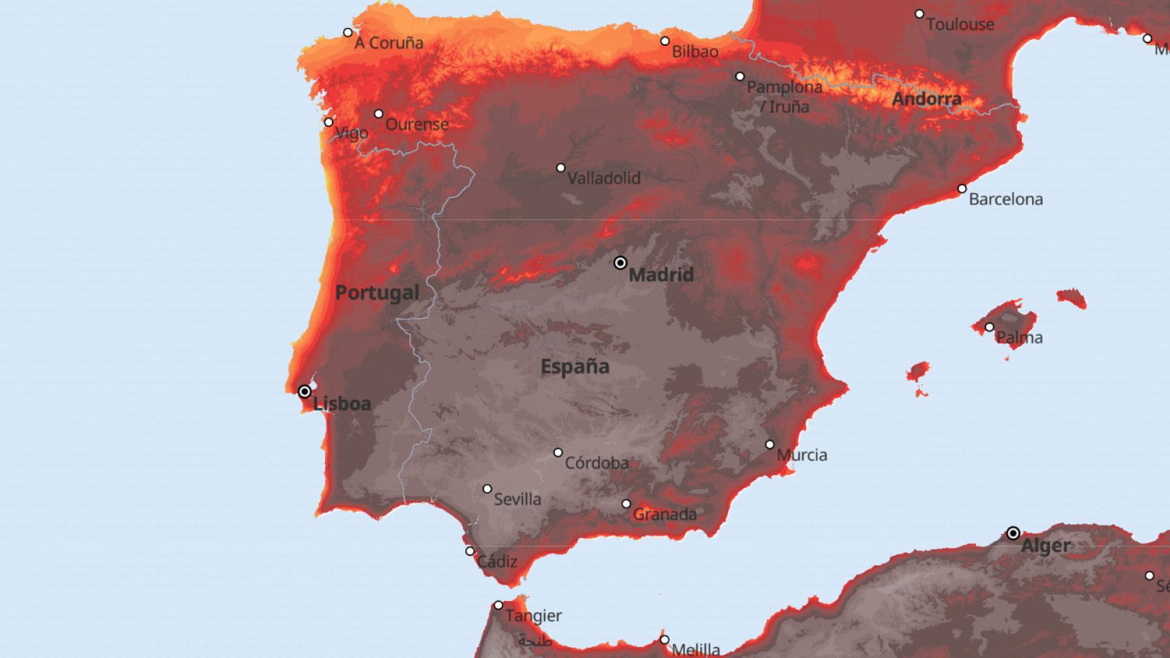 Los colores grises representan temperaturas superiores a los 40 ºC durante el sábado.