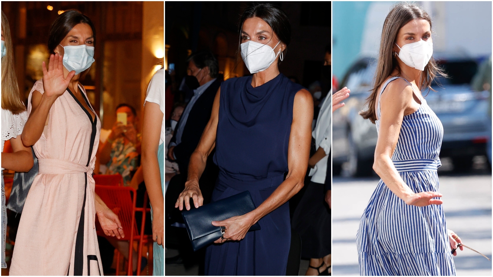 La reina Letizia con tres de las cuatro firmas que ha estrenado en Palma este verano.
