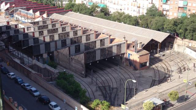 Vista aérea de las cocheras de Cuatro Caminos antes de su demolición.