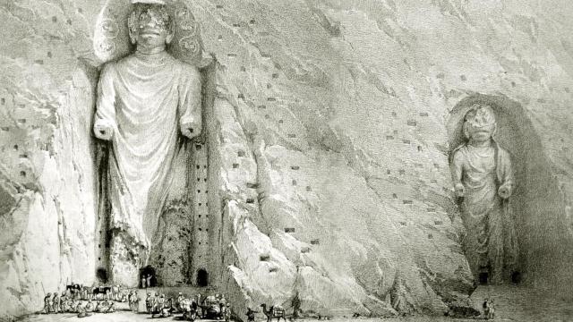 Grabado de los Budas de Bamiyan en Afganistán.