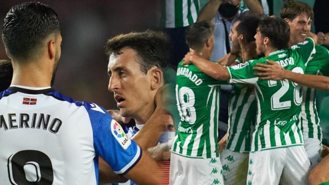 Los jugadores de la Real Sociedad y del Real Betis celebrando goles en un fotomontaje