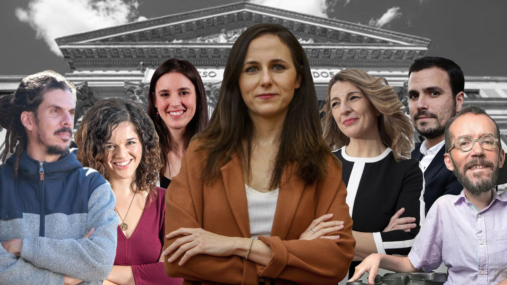 Ione Belarra, Yolanda Díaz, Pablo Echenique, Sofía Castañón, Alberto Garzón, Alberto Rodríguez e Irene Montero