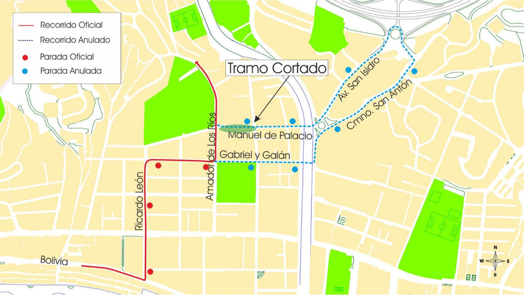 Plano del recorrido que hará la línea 34 de bus con la calle cortada.