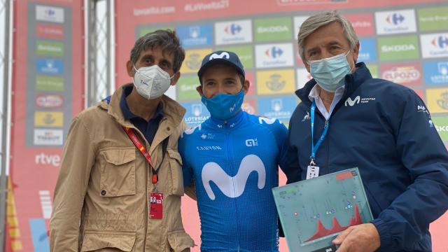 Jose María Álvarez-Pallete, Miguel Ángel 'Superman' López y Eusebio Unzué tras la etapa 18 de La Vuelta 2021