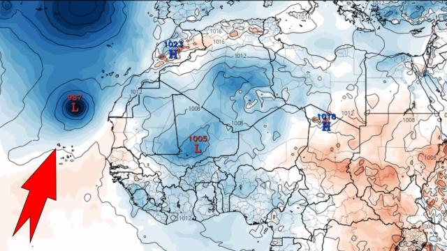 Posible trayectoria del ciclón hacia el sur de las Islas Canarias. METEORED / TropicalTidbits